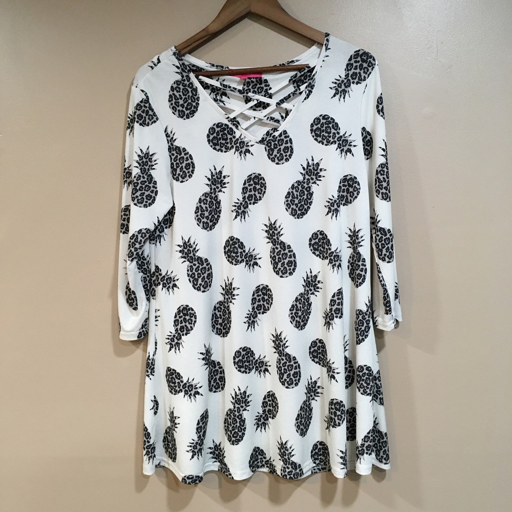 Simply Southern Pineapple Leopard Crisscross‎ Tunic Dress Womens L White Resort